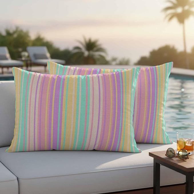 Pink Aqua Stripe Outdoor Pillow Covers 20x12 Inch Lumbar Pillow Covers Set of 2 Waterproof Decorative Throw Pillow Cases Yellow Geometric Country Geometric Cushion Covers for Patio Furniture Garden
