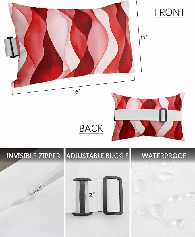 Outdoor Pillow for Chaise Lounge Chair Red Gradient Ripples Outdoor Pillows Waterproof with Adjustable Strap Headrest Lumbar Pillows for Garden Patio Furniture 2 Pack 11" x 16"