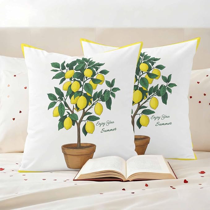 Outdoor Waterproof Throw Pillow Covers, Summer Lemon Decorative Pillow Cases, Yellow Potted Plant Green Botanical Couch Pillow Protector Patio Sofa Cushion Covers Replacement 16"x16" 2 Pack