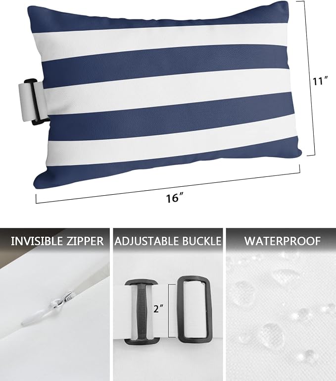 Navy and White Striped Outdoor Pillows with Insert Waterproof Classic Navy Blue White Patio Pillows with Adjustable Strap Rectangle Head Recliner Lounger Chair Throw for Patio Furnitures, 2 Pack