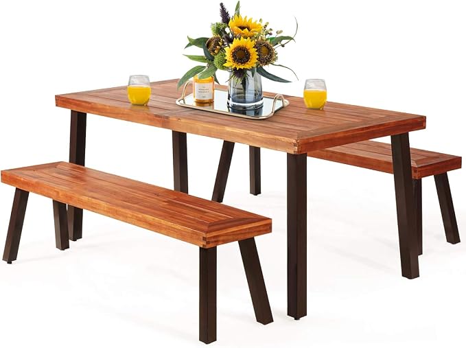 Giantex Patio Dining Table Set with 2 Benches, Outdoor Picnic Table Set with Umbrella Hole, Acacia Wood Patio Seating and Rectangular Table for Backyard, Garden, Lawn (Rustic Brown)