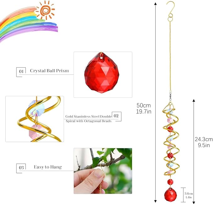 20.5in Crystal Gazing Ball Wind Spinner Suncatcher Garden Decor | Crystal Gazing Ball Wind Spinner Spiral Tail Octagonal Beads Sun Catcher Hanging for Garden Patio Yard Wedding Decor