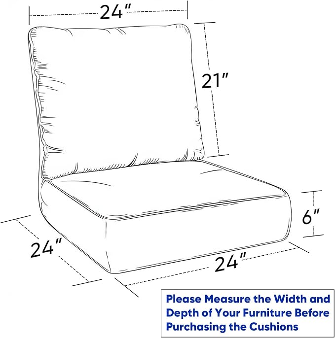 Luxury 24*24*6in Outdoor Patio Cushions, 8 Pieces Grey Outdoor Cushion | 6in Outdoor Patio Cushions, Water-Resistant, Reversible, Removable Cover, for Patio Chairs Sofa Couch Loveseat