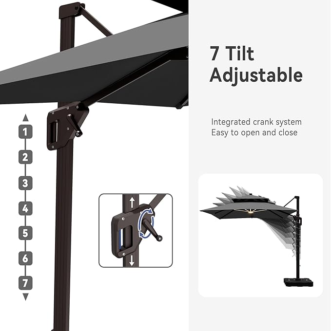 10' X 13' Cantilever Patio Umbrella with Base Included and Led Lights Double Top Rectangular Outdoor Large Offset Umbrellas with 7 Tilts Adjustable 360°Rotation for Deck Pool Garden Backyard, Grey