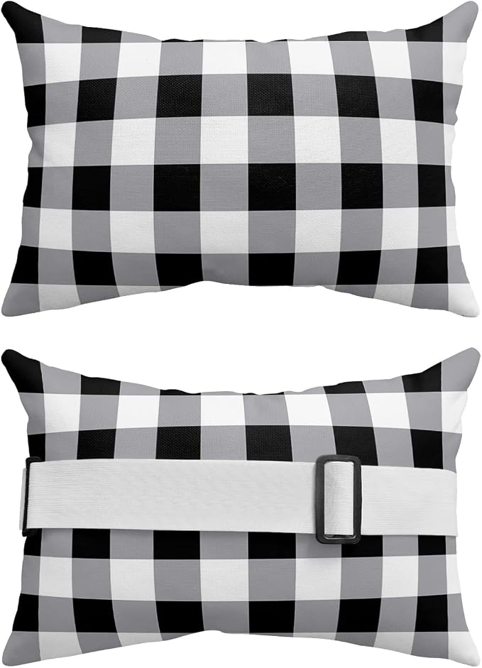Outdoor Pillows Covers with Inserts Vintage Farmhouse Black White Buffalo Check Plaid Waterproof Pillow with Adjustable Strap Throw Pillows for Patio Furniture Recliner Lounge Chair, 11x16 inch, 1PCS