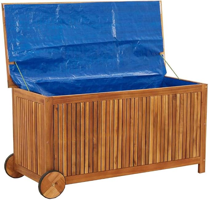 Outdoor Garden Storage Box with Wheels, Solid Acacia Wood Deck Chest for Patio Backyard Furniture, 44.5 x 19.7 x 22.8 Inches