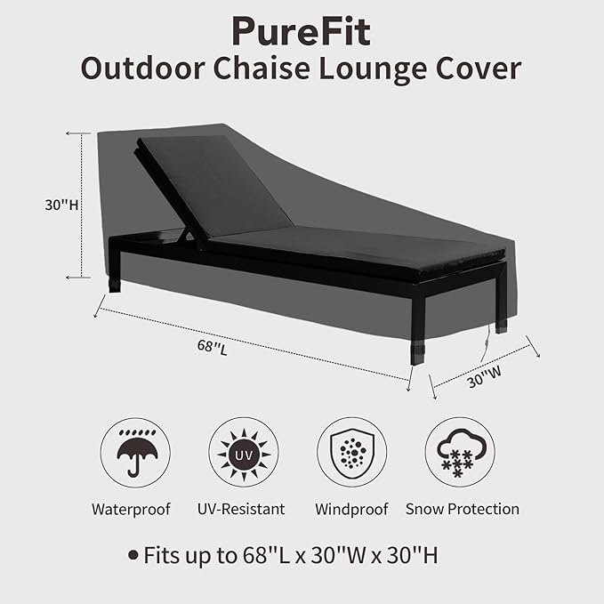PureFit Outdoor Chaise Lounge Cover, Lounge Chair Covers Waterproof Patio Furniture Lounge Chair Cover, UV Resistant & Weatherproof, 1 Pack, 68"L x 30"W x 30"H Inches, Black