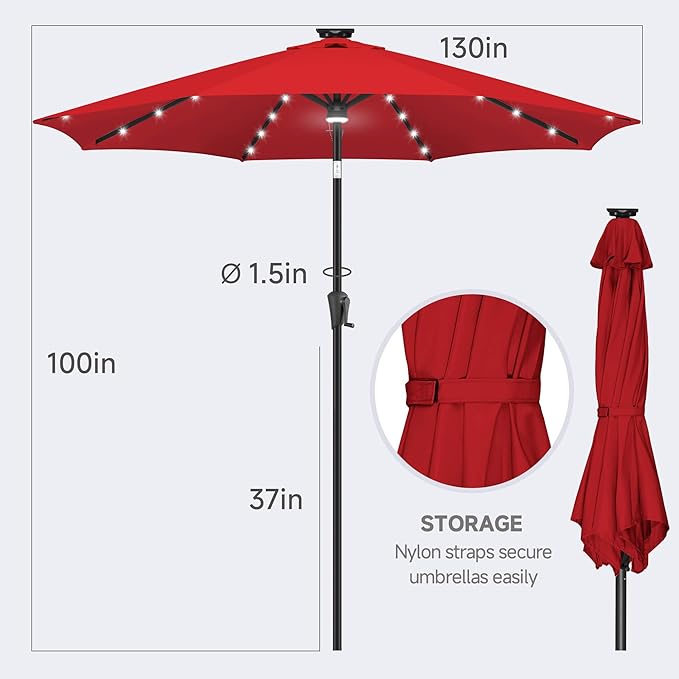 FLAME&SHADE 11 FT Solar Light Patio Umbrella, 40 LED lights outdoor umbrella with Centre Surround Light, Table Market Umbrella for Deck, Pool, Porch, Backyard, Garden, UV Protection, Red