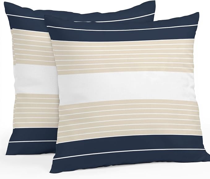 Navy Blue Beige Stripe Outdoor Pillow Covers Waterproof, All Weather Cushion Case Set of 2, Modern Art Horizontal Striped Decorative Pillowcases for Sofa Couch Bed Decor Patio Furniture 16"x16"