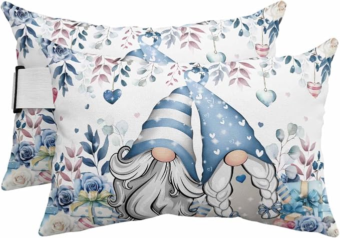 Chaise Lounge Head Resting Pillows,Valentine's Day Romantic Gnome Couple Blue Roses Flower Plant Outdoor Chaise Pillows,Patio Furniture Pillows with Insert and Elastic Strap for Beach Chair