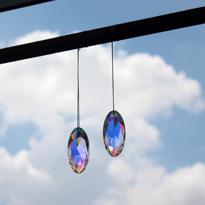 2PCS Eye Crystal Suncatcher Prisms for Windows (Oval Eye) | AB Color, Transparent, K9 Glass, Rainbow Maker, with Hooks & Cord