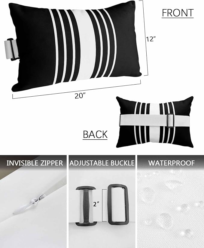 Outdoor Pillow for Lounge Chair with Strap & Insert Black Stripes Recliner Head Pillow Classic Striped Waterproof Headrest Patio Lumbar Pillows for Beach Pool Office Chaise Chair 12x20 Inch