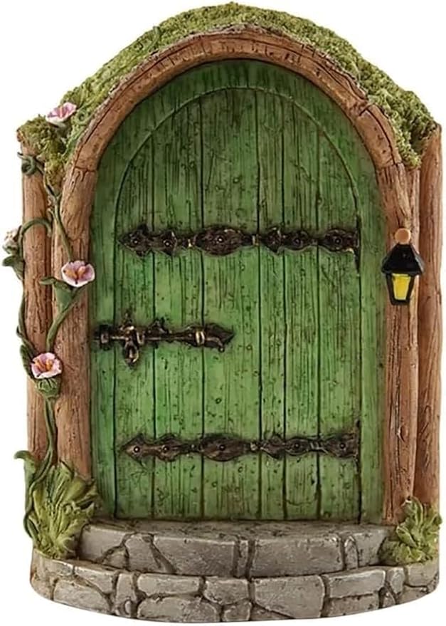 Green Fairy Door, Wooden Miniature Fairy Garden Doors Outdoor Mini Fairy Gnome House Accessories for Tree Trunk Ornaments Garden Miniatures, Fairy Doors for Trees Outdoor, Gnome Door for Tree Trunk