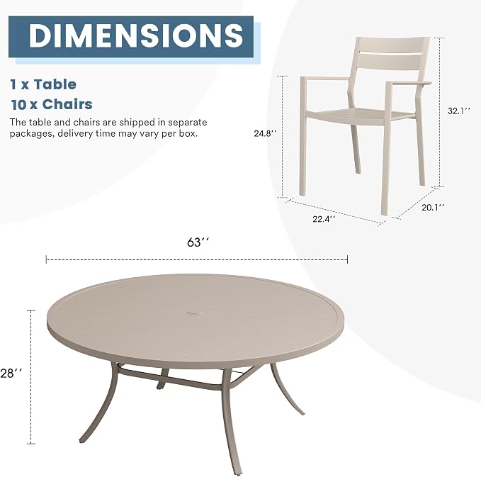 DIFY 11 Piece Outdoor Patio Dining Set for 10, Patio Table and Chairs Set with Umbrella Hole, 63" Round Dining Table and Stackable Metal Chairs for Backyard Garden Poolside, Sandshell