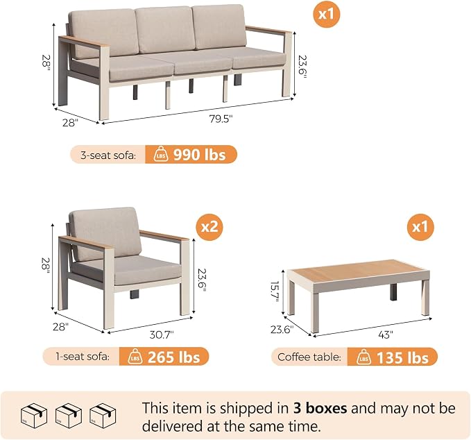 5-Seater Aluminum Patio Furniture Set, Outdoor Patio Conversation Set with 2 Chairs+3-Seat Sofa+Coffee Table, 1.5mm Thick Weather Resistant Frame, Removable Waterproof Cushions for Balcony Backyard
