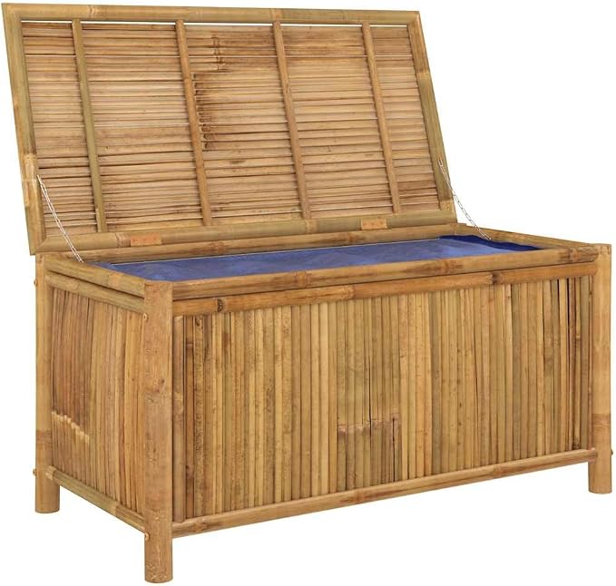 Bamboo Patio Storage Box 43.3"x20.5"x21.7" Weather Resistant Outdoor Deck Chest Bench for Garden Yard Porch Pool with Lockable Lid and Ventilated Design