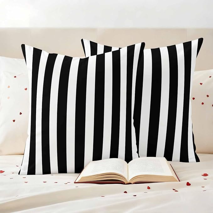 Outdoor Pillow Covers,Black White Geometric Stripe Decorative Throw Pillow Cover Waterproof Pillowcase Set of 2,Linen Cushion Case for Sofa Couch Bed 26x26 Inch,Modern Minimalist Line