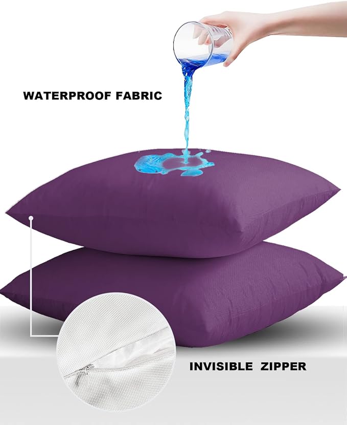 Outdoor Waterproof Throw Pillow Covers Set of 2 Purple Pillowcases 16x16 Inches Solid Purple Color Patio Decorative Pillows Cushion Case Patio Pillows for Couch Bed Chair Garden