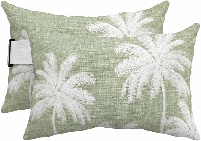 Pack of 4 Outdoor Lumbar Pillow Covers 12x20 Inch, Sage Green Palm Trees Waterproof Throw Pillow Covers Set, Farmhouse Tropical Summer Beach Indoor&Outdoor Decorative Cushion Cases for Patio Porch Car