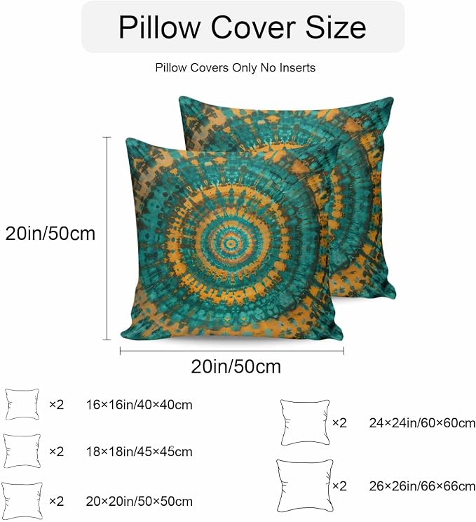 Vandarllin Outdoor Throw Pillows Covers 20x20 inch Set of 2 Waterproof Turquoise Yellow Tie-Dye Art Decorative Zippered Cushion Covers for Patio Furniture, Abstract Boho Tribe Lumbar Pillowcases