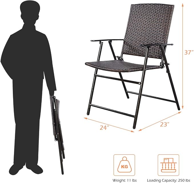 S AFSTAR 5 Pieces Patio Dining Set, 4 Folding Chairs with Table, Portable Wicker Chairs Furniture Set for Outdoor Garden Backyard (4 Chairs w/ 37''H Tall Square Table)