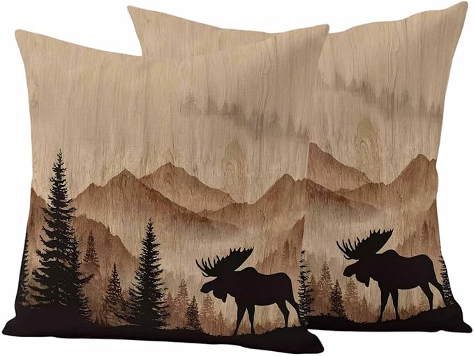 Moose Silhouette Outdoor Pillow Covers 24"x24" Set of 2, Nature Mountain Landscape Waterproof Throw Pillow Covers for Patio Furniture, Decorative Cushion Covers for Porch