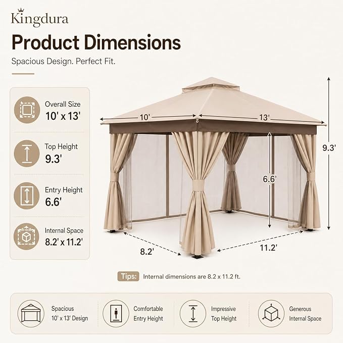 Kingdura 10'x13' Outdoor Gazebo, Heavy Duty Metal Patio Canopy Tent Shelter with Double Roof, Mosquito Netting & Privacy Curtains for Backyard, Garden, Deck, Lawn, Khaki