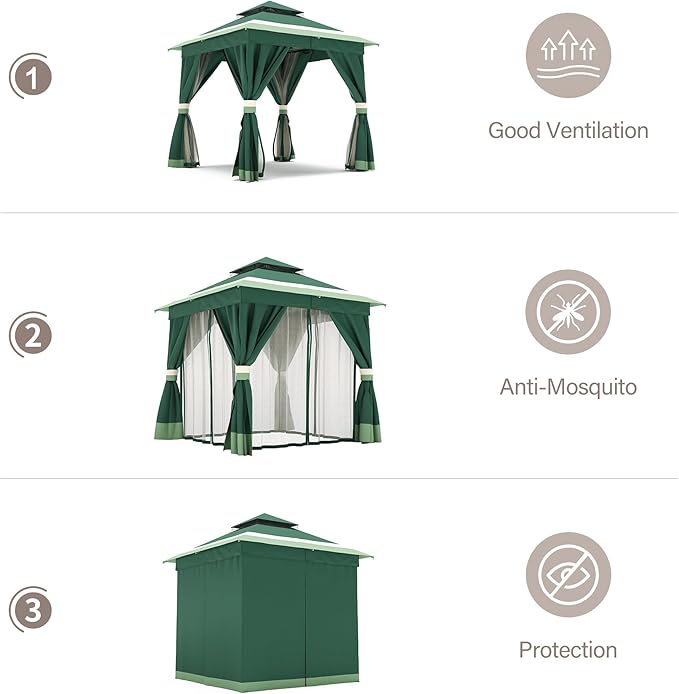 LAUSAINT HOME 8'x8' Outdoor Gazebo, Metal Frame Heavy Duty Patio Canopy Tent Shelter with Double Roofs, Mosquito Nettings and Privacy Screens for Backyard, Garden, Lawn, Forest Green