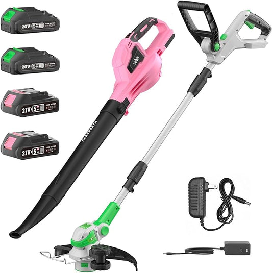 SOYUS 20V Cordless Electric Weed Wacker & 20V Leaf Blower Cordless with 2x2.0Ah Battery and Charger, 12 Inch String Trimmer with 8 Pack Replacement Spools