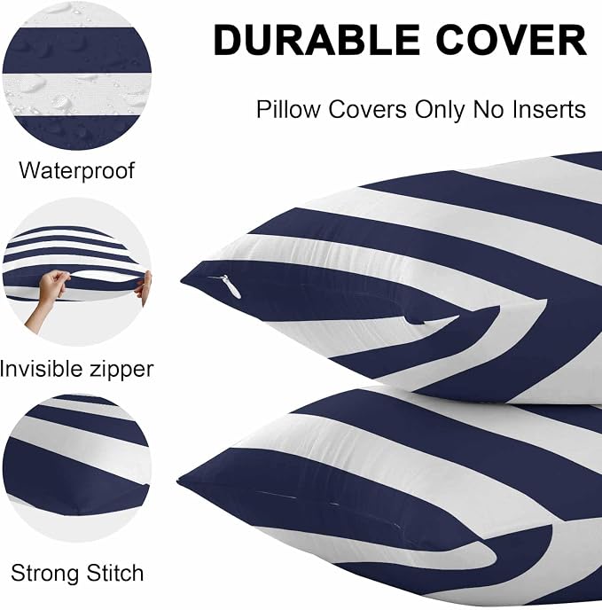 Outdoor Waterproof Throw Pillow Covers Set of 2 Navy Blue Stripe Pillowcases 18x18 Inches Simple Style White Striped Decorative Pillows Cushion Case Patio Pillows for Couch Bed Chair Garden