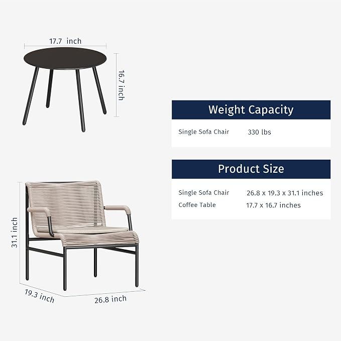 East Oak 3-Piece Patio Furniture Set, Outdoor Bistro Set with PE Rattan Wicker Wide Chairs, Soft Pads & Coffee Table, Modern All-Weather Wicker Patio Set for Garden and Porch, Creamy Apricot