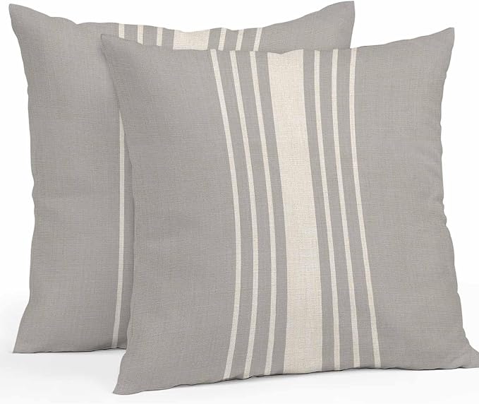 Vandarllin Outdoor Throw Pillows Covers 26x26 inch Set of 2 Waterproof Grey Vertical Stripes Decorative Zippered Cushion Covers for Patio Furniture, Classic Striped Linen Lumbar Pillowcases