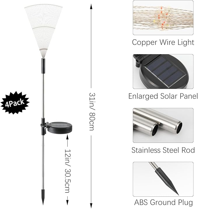Lewondr Firework Solar Garden Lights 4 Pack, 120 LED Solar Firework Lights with 8 Lighting Modes, Waterproof Sparkler Starburst Solar Lights Outdoor for Yard Porch Patio Backyard, Warm