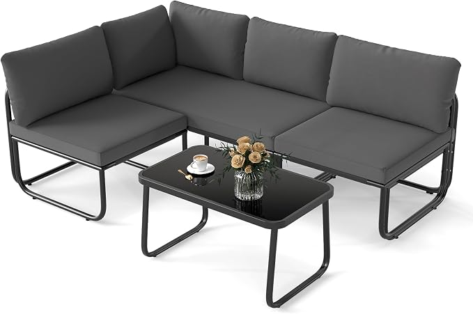 Tangkula 4 Pieces L Shaped Patio Furniture Set, Outdoor Metal Sectional Sofa Couch with Cushions and Tempered Glass Coffee Table, Outside Conversation Set for Garden, Deck and Yard (Gray,2)