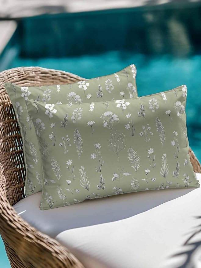 Outdoor Pillows with Inserts Set of 2 12x20, Sage Green Wildflowers Waterproof Outdoor/Indoor Throw Pillows, Farmhouse Botanical Garden Floral Decorative Pillow for Bed Couch Sofa Patio Furniture