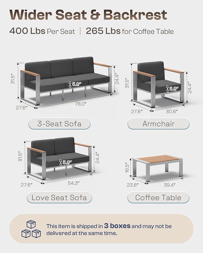 Outdoor Patio Furniture Set, 4 Piece Aluminum Patio Furniture Set with Wide Seat and Thick Cushions, Modern Outdoor Patio Conversation Sets for Deck, Porch (Teak-Charcoal)
