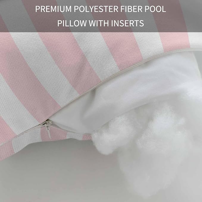 Pink Striped Outdoor Chaise Lounge Head Pillow with Insert,Modern Farmhouse Pink White Stripes Waterproof Headrest Lumbar Pillow Cusion Cover with Elastic Strap for Patio Beach Recliner,12"x20" 2PCS
