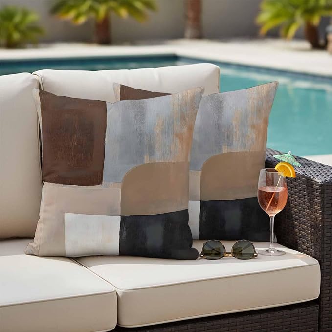 Abstract Ombre Brown Black White Outdoor Waterproof Throw Pillow Covers Set of 2, 26"x26", Modern Art Gradient Decorative Pillow Covers Outside Cushion Case for Patio Porch Garden