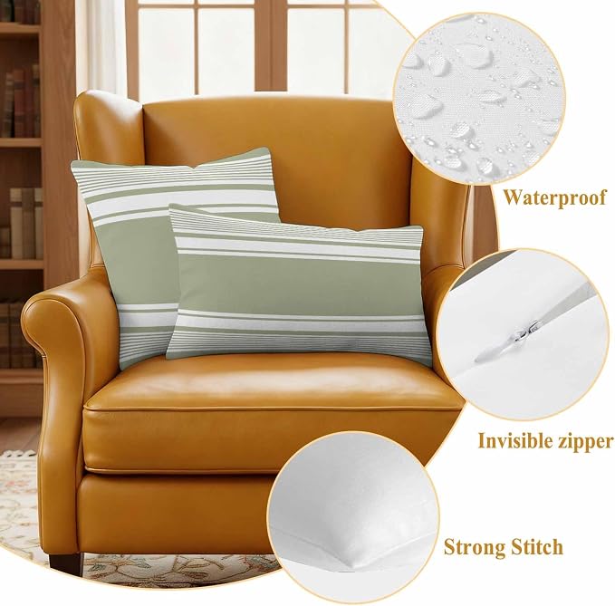 Outdoor Waterproof Throw Pillow Covers, Sage Green Striped Decorative Pillow Cases, Modern Color Block Farmhouse Stripes Couch Pillow Protector Patio Sofa Cushion Covers Replacement 20"x20" 2 Pack