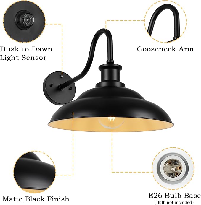 Dusk to Dawn Barn Light Outdoor, 16 Inch Farmhouse Wall Sconce, Vintage Exterior Wall Mount Lighting Fixture, Waterproof Black Lantern for Porch Garage