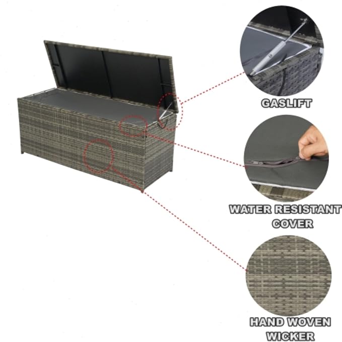 113 Gallon Outdoor Waterproof Large Wicker Deck Box with Lids Indoor Storage Bench Storage Cabinet for Patio Furniture Cushions, Packages, Pillows and Garden Tools, Gray