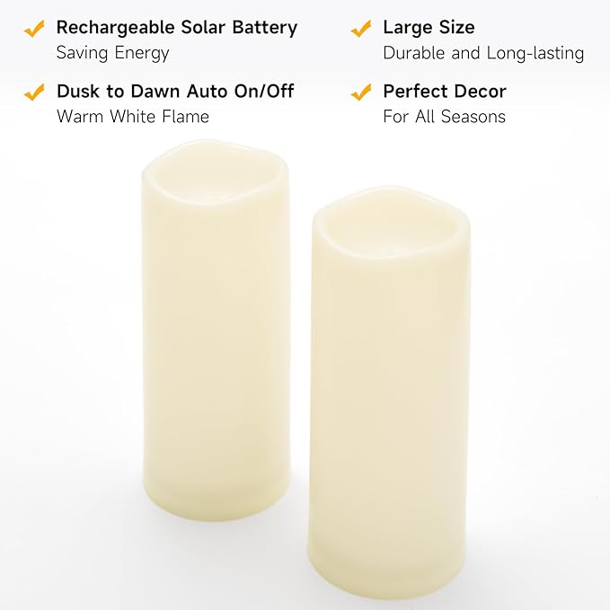 NURADA Large Outdoor Solar Candles Waterproof - 10" x 4" Rechargeable Solar Powered Flameless LED Pillar Flickering Candle for Patio Porch Lanterns Decor - Ivory Set of 2