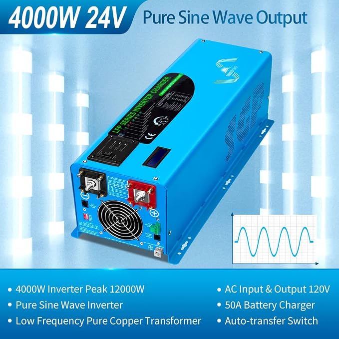 SUNGOLDPOWER 4000W 24V Pure Sine Wave Inverter Charger 24Vdc to 110/120Vac Off-Grid Inverter, Peak Power 12000W 20s, Low Frequency Inverter, Auto Generator Start,Remote LCD Display