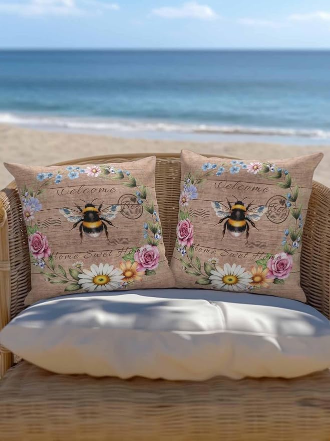 Outdoor Waterproof Throw Pillows Farmhouse Bee Flower Wreath Patio Pillows,Decorative Pillow Covers with Insert,Pillow Cushion Case for Garden Couch Sofa Farm Retro Wood Board