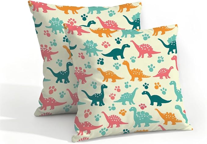16x16 Inch Outdoor Pillow Covers Set of 2 Waterproof Throw Pillow Covers Decorative Couch Cushion Covers Colorful Dinosaurs Footprint Square Pillowcases Protectors for Patio Garden Sofa