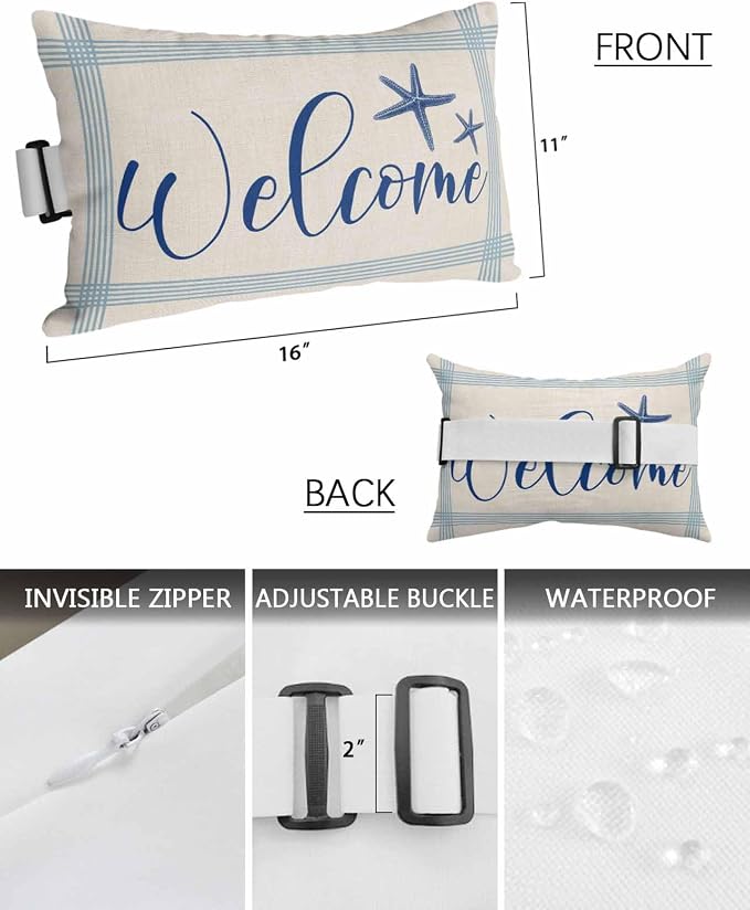 Outdoor Pillows for Chaise Chair Set of 1 Welcome Word on Stripe Headrest Pillow Waterproof Pillows with Insert for Beach,Patio Office,Pool Recliner, Seaside Blue Starfish Line Stripes 11x16IN
