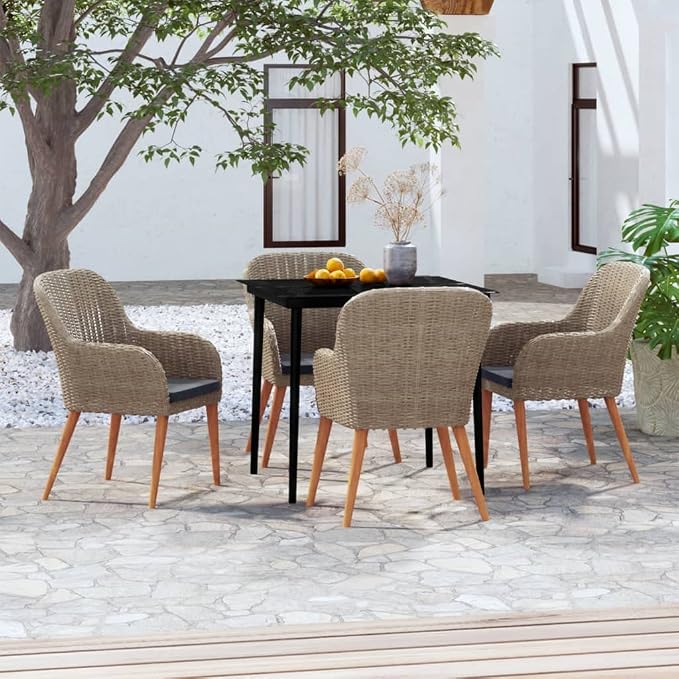 5 Piece Patio Dining Set, Brown PE Rattan Wicker Outdoor Dining Table and Chairs with Cushions, Glass Top Bistro Table and 4 Armchairs for Garden, Backyard and Deck