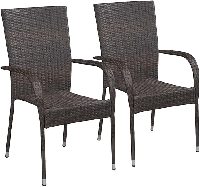 Patio Dining Set 3 Piece Brown Outdoor Rattan Table and 2 Chairs with Glass Top Powder Coated Steel Frame Weather Resistant for Garden Backyard Porch