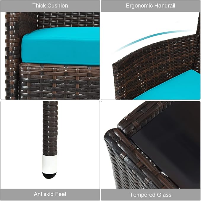8 Pieces Patio Sofa Set, Wicker Conversation Set with Ergonomic Curved Backrest, Water-Resistant Cushion & Tempered Glass Table for Balcony, Porch (Turquoise)