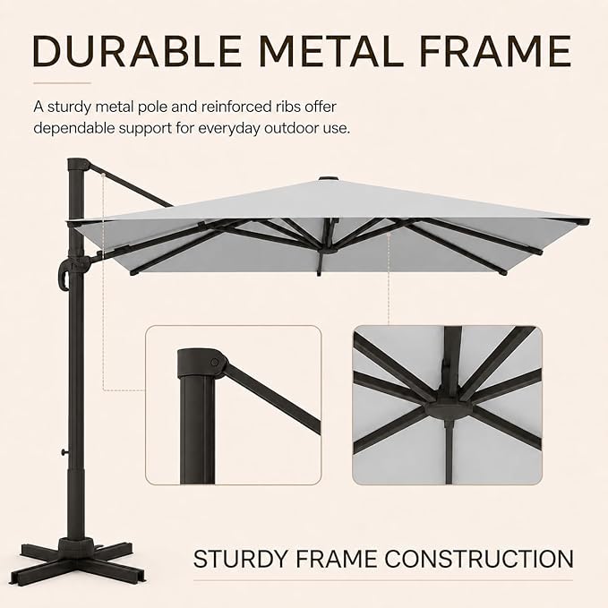 Kingdura 10x10 FT Cantilever Patio Umbrella with Base Included, Large Square Aluminum Offset Outdoor Pool Umbrella, 360° Rotation & 4-Position Tilt, UV Protection for Deck Backyard (Light grey)